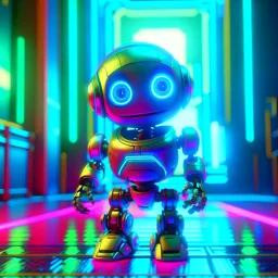 joyful blessed cute holy chat robot in neon hall, 8k, down-light, soft light, depth of field, photo realism, trending on art station, high detail