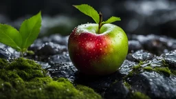 Close up of an apple fruit on a wet rock,a worm comes out of the apple fruit,moss,high details,dark place