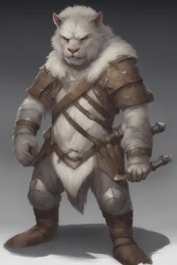 Dnd a young bugbear with WHITE fur and leather armor with swords