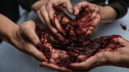 a woman's palms of her hands with dried and caked on blood all over them