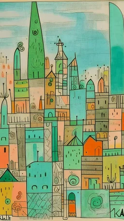 A mint colored noisy metropolis painted by Paul Klee