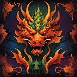 {Rorschach} of ink blots metamorphosizes into a dynamic explosive (chinese golden_dragon: 1.5), front and center, symmetrical, scales, flames, red, illuminated by the iridescence of rainbow colors. The dragon carving is complex and detailed. The colors of the sculpture go from blue at the top to green, then purple and finally orange at the bottom, giving a rainbow effect. The iridescent light shines brightly with fine holographic glitter sprinkled magic