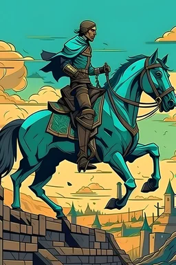 всадник выезжает из городских стен в комиксном стиле. на фоне частокол. вид снизу. конь спокойно идет