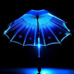 Create a product photo of an umbrella that has the shape of an ufo, can be folded, has 12 poles, glows blue in the dark with a flashlight and led lights all over the umbrella on the pole and a phone on the pole with small sos buttons under the umbrella on the stick