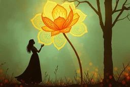 A panoramic mixed-media digital painting in a 3:1 format, filled with warmth and atmosphere. A silhouetted woman stands gracefully on the left, holding a large glowing lace flower made of delicate cream and