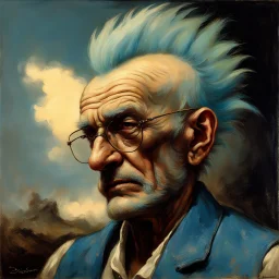 a detailed portrait of old man with a extravagant blue mohawk by edouard bisson, punk rock, oil painting, muted colors, soft lighting