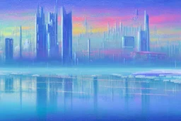 Futuristic cyberpunk building foreground, frozen lake, impressionism painting