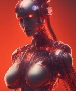 The most detailed image of A beautiful portrait of a cyborg body women red color scheme, high key lighting, volumetric light high details psychedelic background