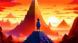 Koji is a boy stands at the base of the towering hill, his gaze fixed upward toward the Zen temple, its spires reaching toward the heavens amidst a kaleidoscope of sunset hues.