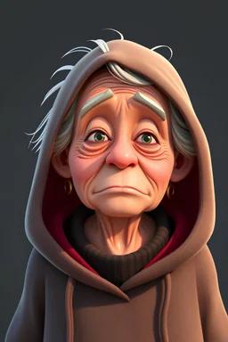 a clear portrait animation of an old weak grandmother wearing short hood