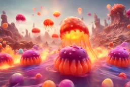 war between two jelly races, jelly vehicle, inferno, 3d cartoon, epic war, chaos