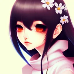 Japanese girl with big brown eyes and long black hair with bangs, cute, beautiful, kawaii, anime