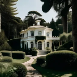 A delicate image of a classic white villa in the middle of a landscaped garden and tall trees