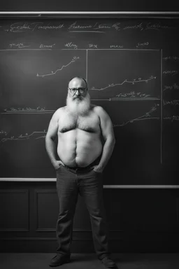 half figure shot photography of a turkish bearded chubby shirtless barechested 44 years old professor in thick glasses, big shoulders, manly chest, standing by completely writed blackboard , front view from the ground, photorealistic, ambient occlusion, side light