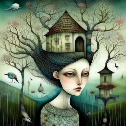 Intricately textured Amanda Clark, Catrin Welz-Stein, Zdzisław Beksiński and Dee Nickerson style mix, iridescent pastel colours; "Whimsical, bizarre, twisted, bending house on a flowering meadow, branches growing from roof, fences, many sheep," watercolor painting, meticulous detail with fine pen strokes, intricate patterns, fantasy landscape elements, fractals, dreamlike atmosphere, imaginative composition, artistic interpretation by SK, intricate linework, organic textures, sunny lighting, exp