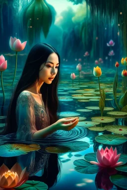 Ornate Beautiful indonesia young lady touching a reflection of their in pretty, lotus pond, outer space glowing forest background, dark long wavy hair, cheerful fantasy, intricate details, hyper detailed