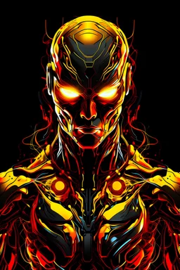 Vibrant Vector Art, Front View, cyborg wearing armor, neon orange, yellow and gold lava veins, stylized, half body, half skin, black background, closed mouth , wide face, laser eyes