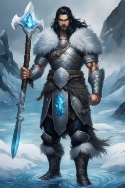 1 mana warrior, with blue eyes and black hair man in silver Viking armor with fur around the neck with blue crystal on his chest , standing in water in the artic, holding a ice axe, warrior in anime style,