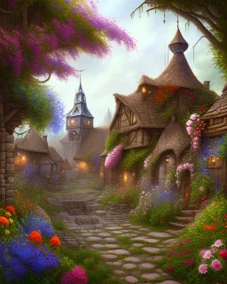 medieval fantasy village with flowers rpg art painterly