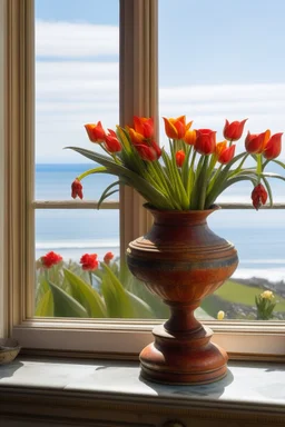 Etruscan urn holding tulips on a windowsill with a view of the sea in the background