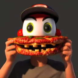 horror smiling pizza delivery man, holding pizza box, 3d horror game style