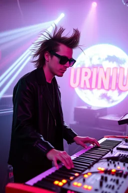 French cool synth player with crazy hair, he is called "Jean-Maurice Brûlée" performing at dance club, his name is "Jean-Maurice Brûlée" , white and orange Neon lights and oraNGE smog, and "URINIUM" big sign on the wall, he is playing on synthesizers on stage with lot of laser beams and wearing black sunglasses, an earth is projected in background