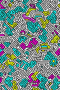 A vector line art image in the style of Keith Haring, with dozens of tiny abstract icons, using a single line weight. The color palette should heavily feature the colors cyan, magenta, yellow, and black, with a white background. The image should be low contrast with excessive white space.