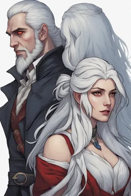 A couple, from the dnd game curse of Strahd. The woman has long white hair and blue eyes, the man has LONG BLACK hair and red eyes, no facial hair.