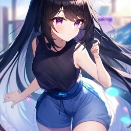 Clear focus,High resolution, black long fluffy hair, long fluffy bangs, purple eyes, wearing a summer outfit, wearing shorts