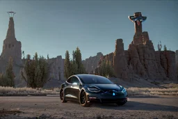 A Tesla 'Model Y' is parked, near the 'Devils Tower' in Wyoming. (CINEMATIC, WIDE ANGLE LENS, PHOTO REAL)