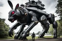 Black rabbit piloting a giant rabbit mech. Photograph.