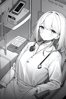 girl in bed, hospital patient room, greyscale