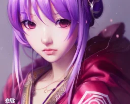 Detailed cute anime Kunoichi girl in sexy Santa clothing, purple hair buns, purple bangs, intricate details, full body portrait, keep head in frame, slight smile, black Japanese motif, concept art, highly detailed, digital painting, concept art, sharp focus, illustration, art by Yoji Shinkawa, WLOP and greg rutkowski and alphonse mucha and artgerm and yanjun Chen and Junji ito and Makoto Shinkai, HDR, octane render