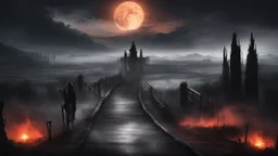 walking straight ahead over a wooden bridge, holding the angel of death with your right hand, entering the fog at the end of the road that leads to the afterlife, and a beautiful sunset and galaxy's behind the fog, realistic