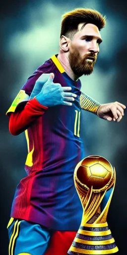 Insanely detailed portrait of messi in argentina jersey wearing an infinity gauntlet bearing a world cup trophy emblem::perfect proportions::by Artgerm, Greg Olsen, Pixar, WLOP:: hyperrealistic, hyper detailed,photorealistic::a masterpiece,incredible composition,amazing depth, imposing,meticulously composed::Mappa studios::detailed matte painting,deep color,fantastical,intricate detail,splash screen,complementary colors,fantasy concept art, 8k reso trending on Artstation Unreal Engine