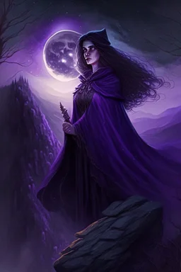 A beautiful witch, dressed in a dark purple cloak, with brown hair and hazel eyes, standing on a mountain peak with a forest behind her, under the full moon, wand out, casting a spell