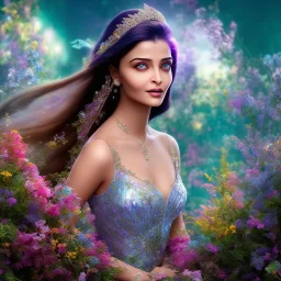 bright fairy, beautiful portrait, flowery landscape , aishwarya rai