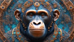 3D symmetrical rendering of an enigmatic expressively detailed and intricate, hyperrealistic dreamscape chimpanzee: symmetric, front view, colorful paint, tribalism, steampunk, shamanism, cosmic fractals, dystopia, telepathy, 8k, high-resolution, realistic, surrealistic, v-ray,quixel megascans render, sintane render, dramatic volumetric lighting exquisite composition, beautiful detailed intricate detailed octane render, artistic photography, photorealistic, perfect light, chiaroscuro