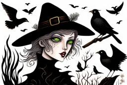 Witch, playing with crows, black cat, perfect iris, ink and pencil, style Elisabeth Kreitz