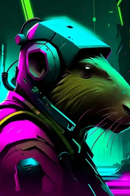 capybara with rilfe M4 with helmet with neon background color with text Szczepan with cyberpunk style