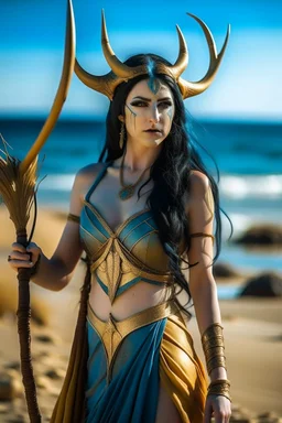 A picture of a persian goddess with painted blue skin, black hair, deer antlers, elven ears, golden skirt, holding a bow on a sunny beach