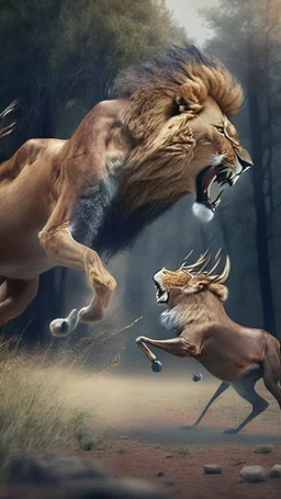 A lion attacking a deer, a realistic picture, a cinematic scene, more accuratehdr 8k