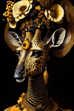 Beautifull Giraffe witch black and sienna brown, light brown Sun yellow floral and gold front wiev textured detailes skin,and fur portrait, wearing rococo style black floral ornate headdress adorned with white Golden dust beads, gold dust pearls organic bio spinal ribbed detail of african floral, sunlight african background extremely detailed, athmoshpheric, hyperrealistic maximálist concept art