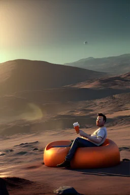 simple scene, Elon musk sitting on the moon on an orange couch, beer in hand ,eating popcorn, looking unamused at planet earth,. selective colours