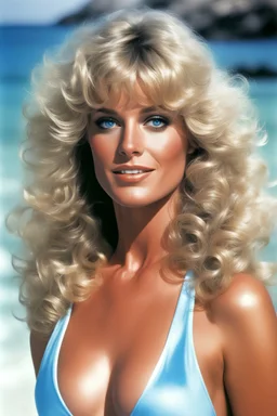 Farrah Fawcett with extremely wavy curly, blonde hair and blue eyes, posing for her famous swim suit poster