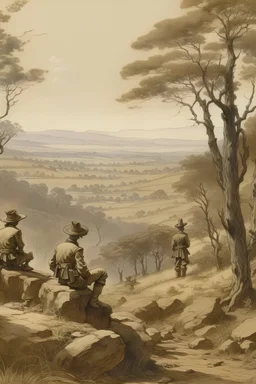 Looking over a valley in the Anglo boer war where boer soldiers are lying in wait for a column brittish soldiers walking in columns with trees overlooking