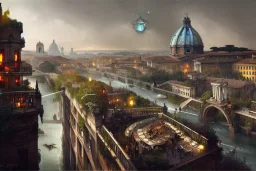 Tevere+river+Bar on garden rooftops +Rome mixed new york +Skyscraper +steampunk+biopunk+alphonse mucha, greg rutkowski,matte painting, cryengine, hyper detailed, felix kelly, fantasy art, seb mckinnon