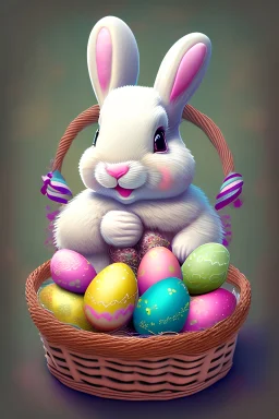 easter bunny with easter eggs and flowers in a basket