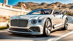A sleek white shiny (((bentley jesko))), its contours and details perfectly captured in a (((cinematic view))), zipping along a winding road under a beautiful blue sky