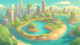 illustration for game. an quiet island with some vegetables bowl, futuristic style, modern city, lights in the afternoon